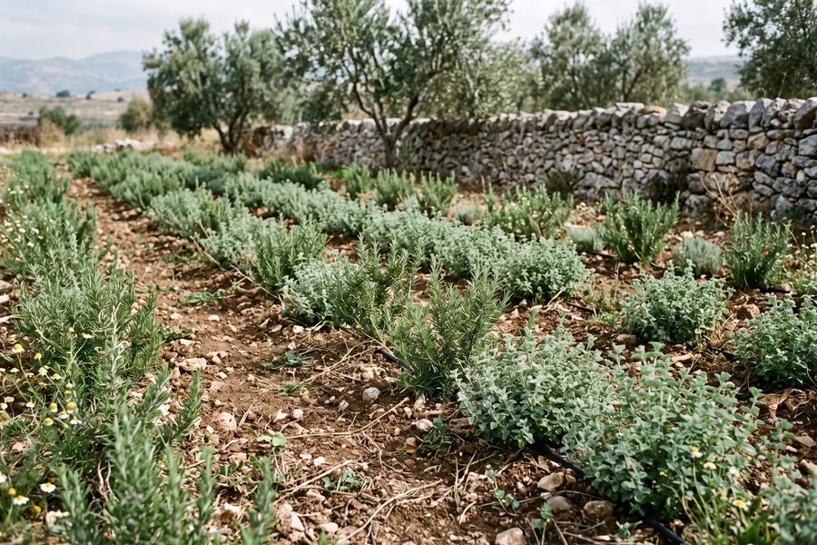 Rows of aromatic herbs growing on terraced ground beside a dry-stone wall