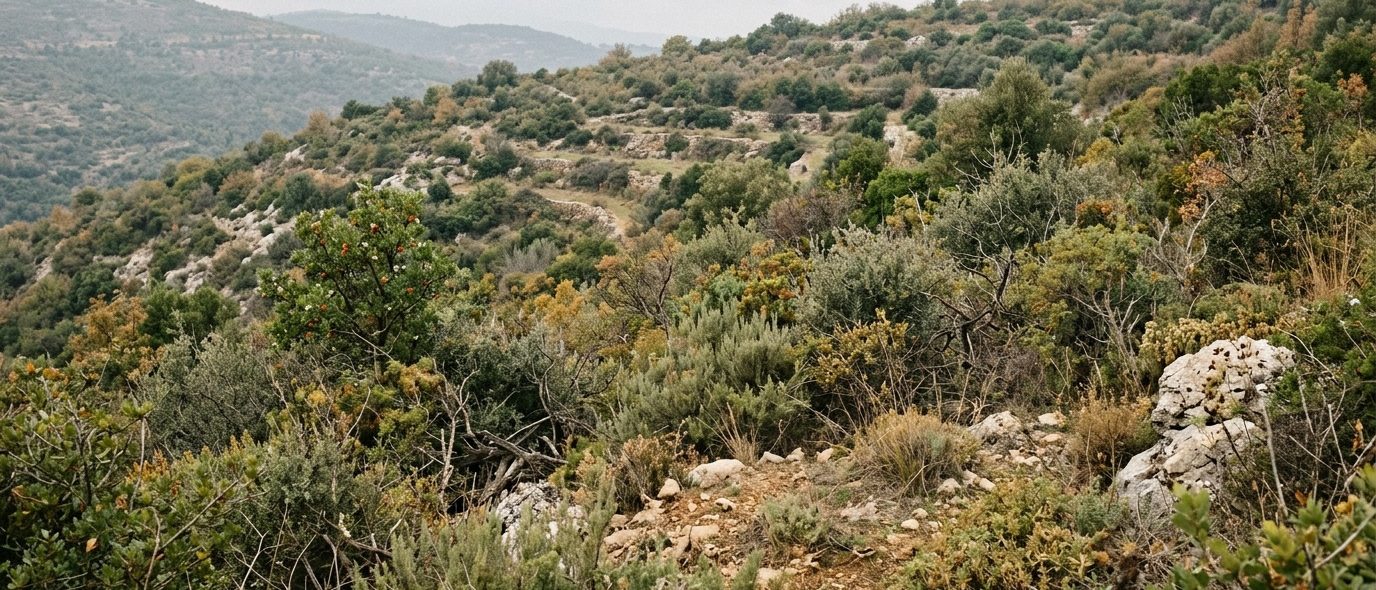 Open scrubland hillside with rocky outcrops