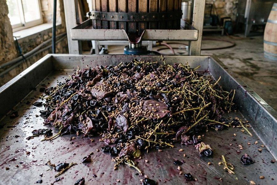 Grape pomace and stems in a tray beside a press