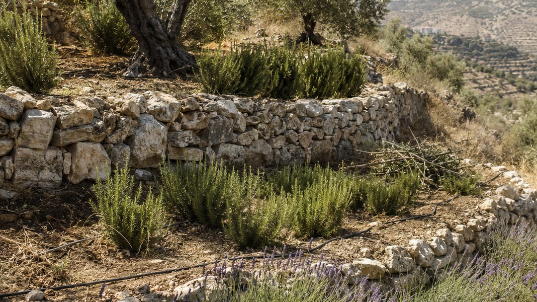 Olive trees, rosemary and lavender growing on dry-stone agricultural terraces
