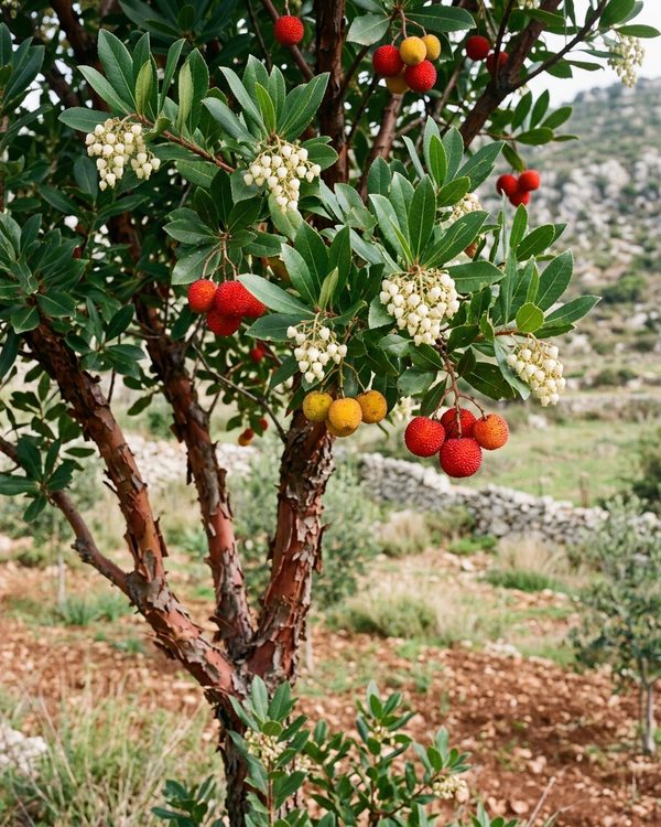 Arbutus in fruit and flower on the tree