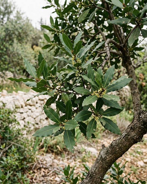 Bay laurel foliage with small flower clusters