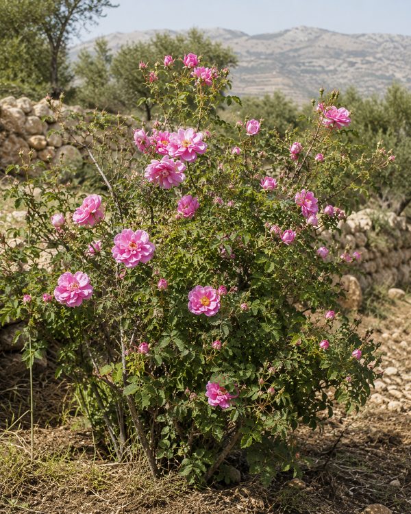 Damask rose shrub with pink flowers and buds