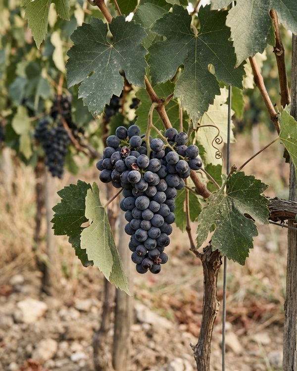 Dark grape bunches on the vine